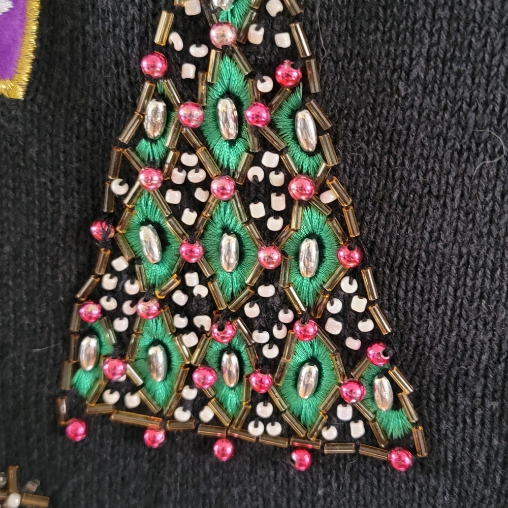 Vintage Christmas Holiday Cardigan Sweater Beaded Embroidered Festive White Stag - Picture 3 of 8